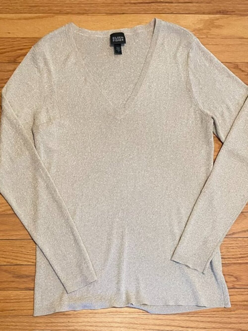 EILEEN FISHER Sweater Shimmering Gold Metallic V-Neck Pullover Size Small